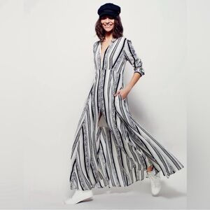 Free People Shirt Dress Womens Sz 4 Black White Striped Paisley Maxi Long Sleeve